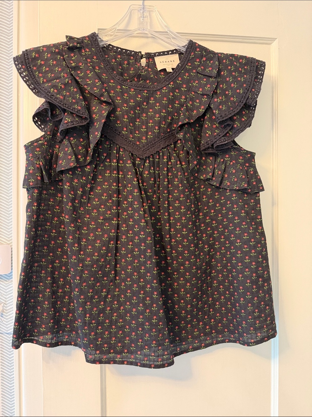 Sézane Floral Ruffle Sleeveless Top — Black with Pink & Green Micro-Print - Picture 1 of 6